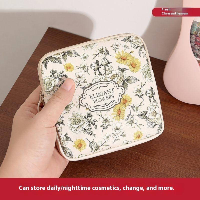 Creative Pvc Sanitary Pads Bag  Floral Print Large Capacity Multipurpose Coin Purse Portable Cosmetic Storage Bag