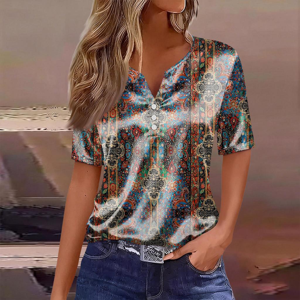 Women's Fashion Casual Retro Print  Collar Short Sleeve Button T-Shirt Top