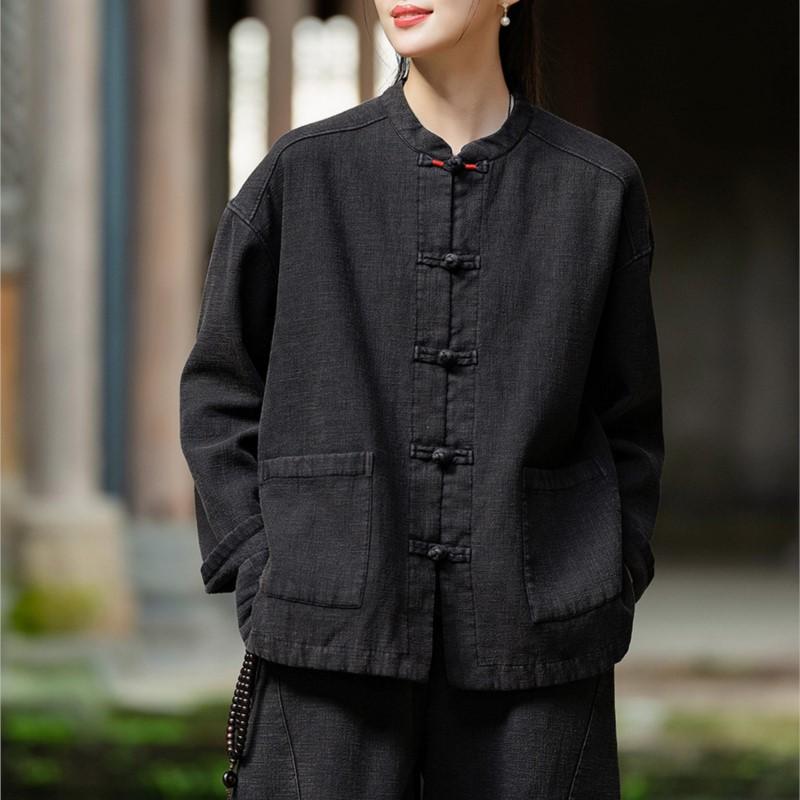 Johnature Damen Wintermantel im chinesischen Stil mit langen Ärmeln und Plüsch-Warmmänteln