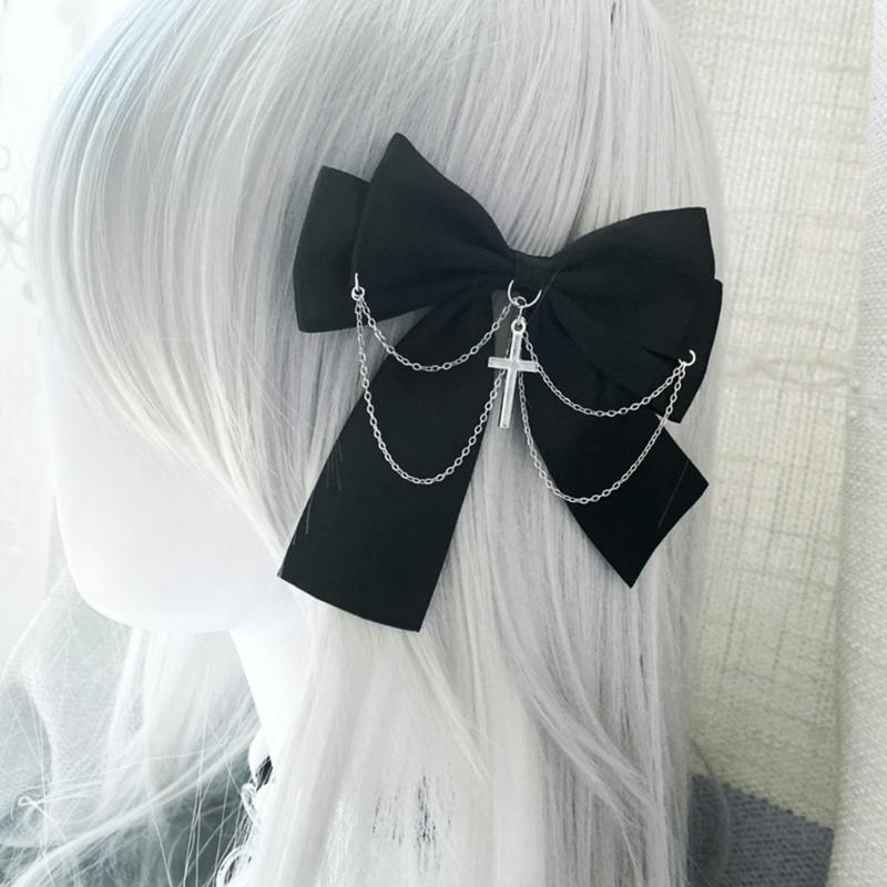 Bow Gothic Hair Clip Y2K Style with Chains Sweet Balletcore Hairpin Women Lady