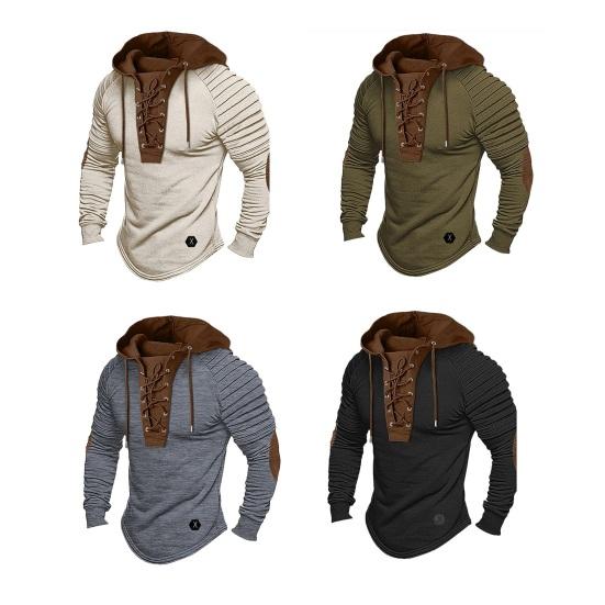 Erkek Sweatshirt Kapüşonlu Bağcıklı Patchwork Tasarım Uzun Kollu Pullover Üstler Pileli Günlük Spor Okul Üstleri Sokak Giyimi