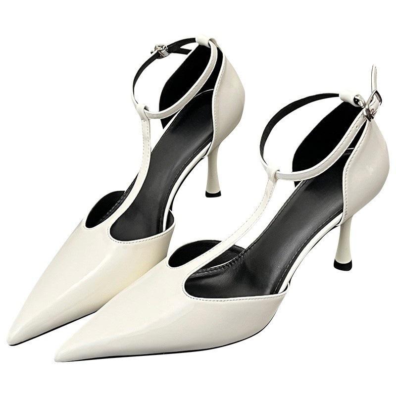 Night Banquet High-gloss Burgundy Pointed High Heels Women's Patent Leather T-word with Shallow Mouth Hollow Single Shoes