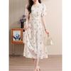 Summer 2024 Retro Floral Puff Sleeve V-Neck French Midi Dress with Waist Slimming Design