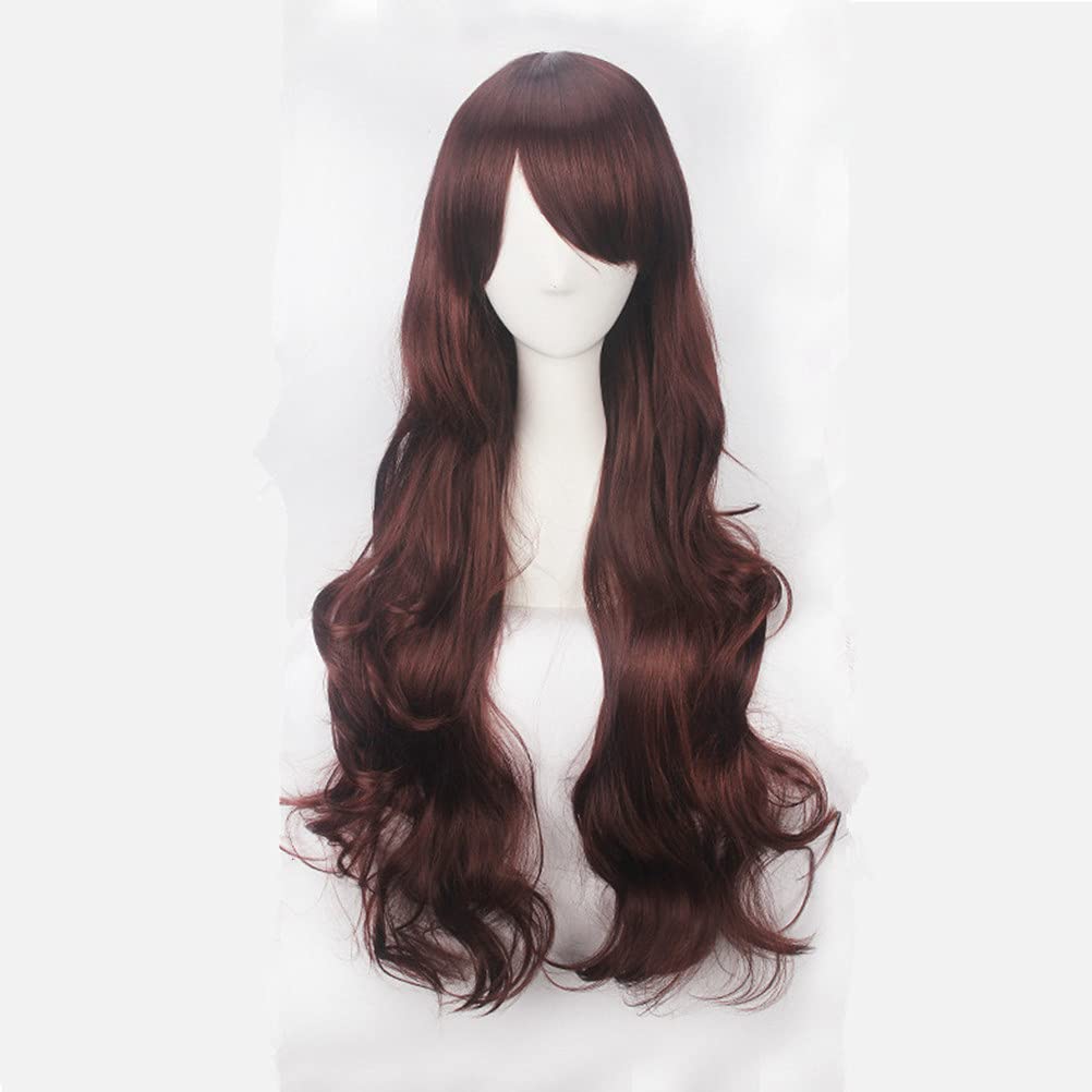 Long, Curly, Wavy, Heat-Resistant Cosplay Wig with Side Bangs, Perfect for All-Purpose Costumes and Events, Includes Wig Net (Dark Brown)