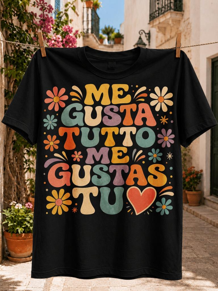 Spanish Me Gusta Todo Me Gustas Tu Text Retro Flowers Heart and Multicolor Groovy Graphic Tee Unisex All TShirt