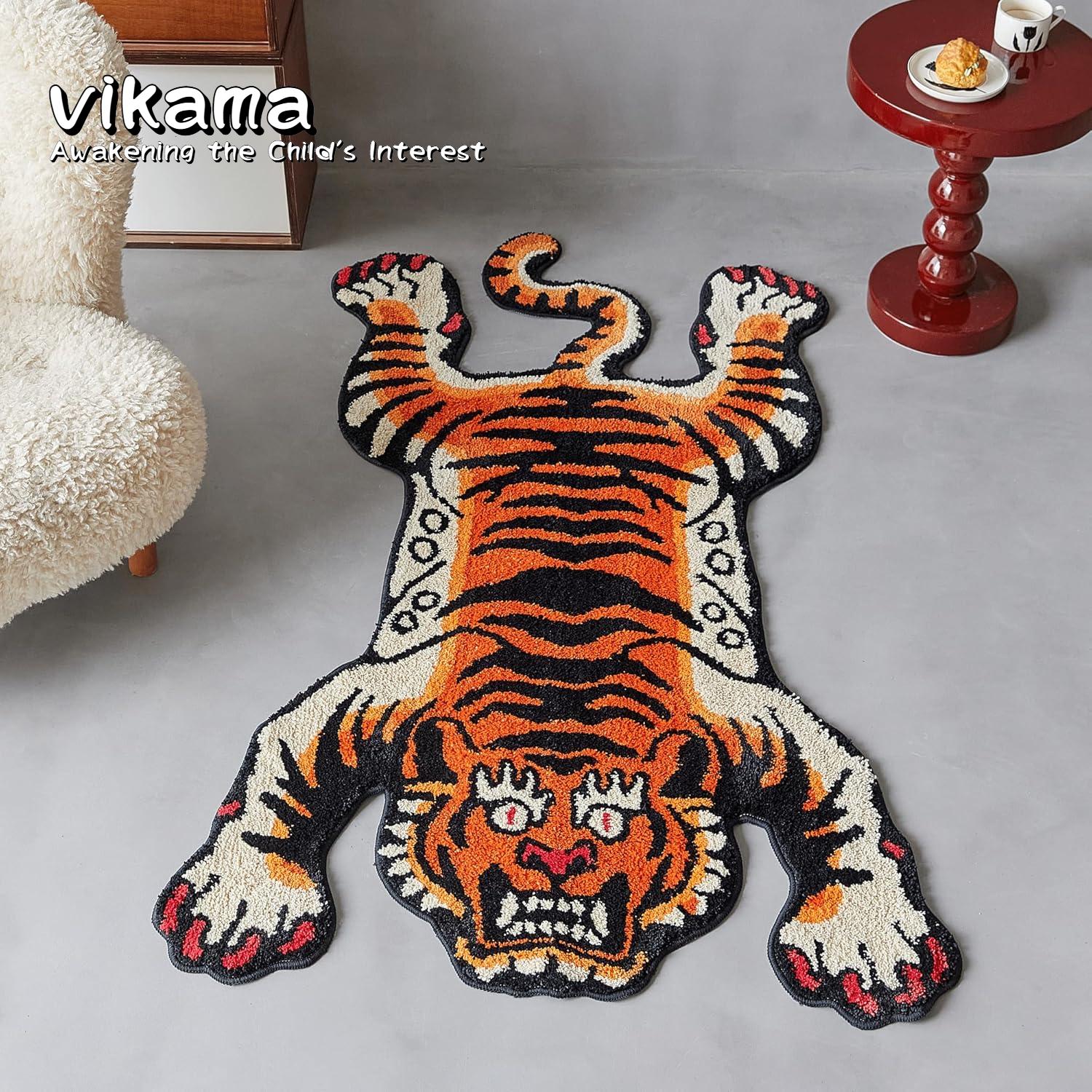 

VIKAMA Living Room Auspicious Tiger Rug and Bedroom Colorful Dragon Tapestry, Bedside Irregular Tiger Carpet and Mat 60X100CM(1.97X3.28FT