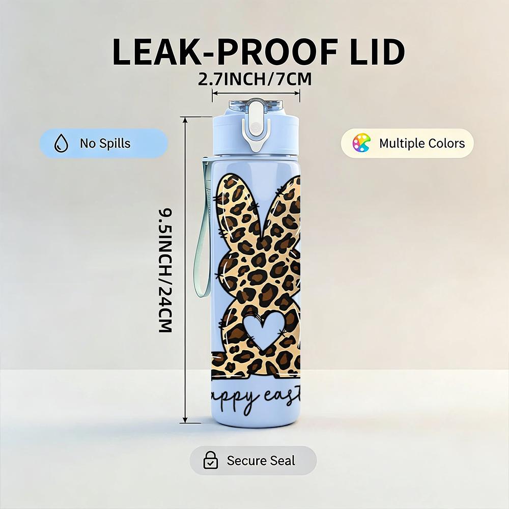 1PC Leopard Bunny Happy Easter 750ml Color Plastic Sports Water Bottle Leakproof Flip Straw Lid Suitable for Sports Office Home Use