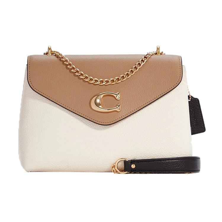 

New COACH Polished Leather Chain Flap Bag Shoulder Bag Crossbody Bag Medium Size Women s Milk Tea Beige With White Accents C6786-IMCAH 25.9*9.4*17.0CM