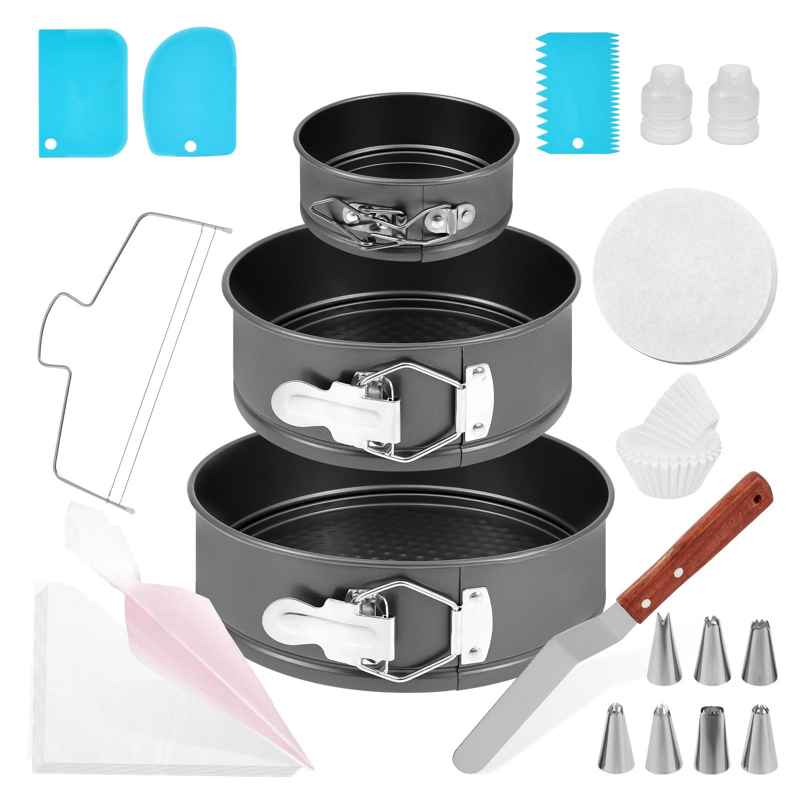 Stainless Steel Cake Mold with Latch Nonstick Cake Pan Set with Piping Bag and Tip Cupcake Leveler Cake Baking Mould for Kitchen
