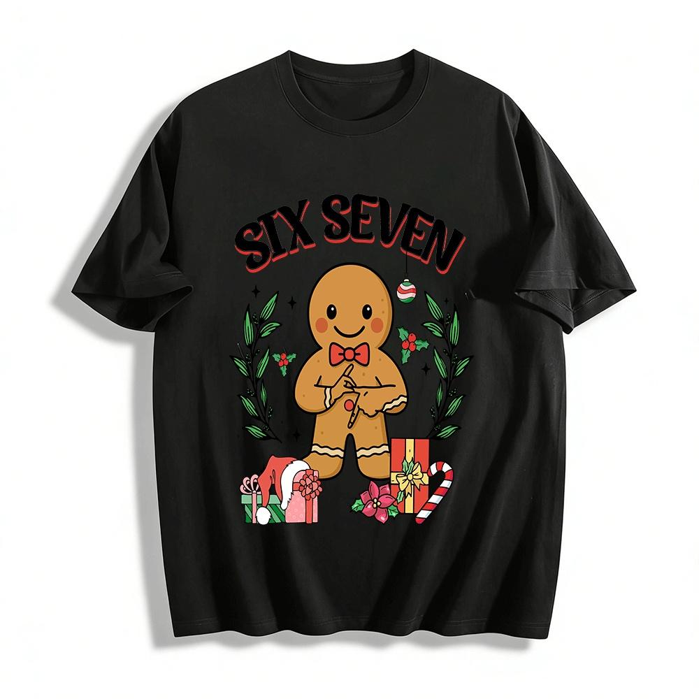 

Cute Gingerbread Man Six Seven Print Casual Christmas Top Pure cotton T-shirt XXS