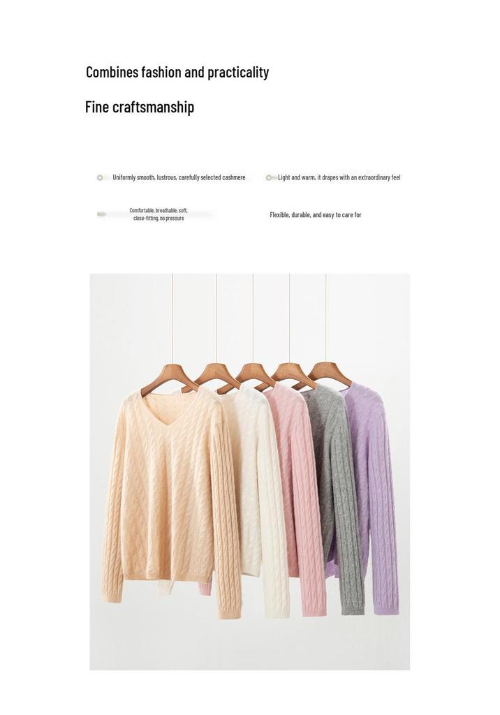 Women's Cashmere V-Neck Sweater - Aran Jacquard Knit, Loose Fit, Autumn Style