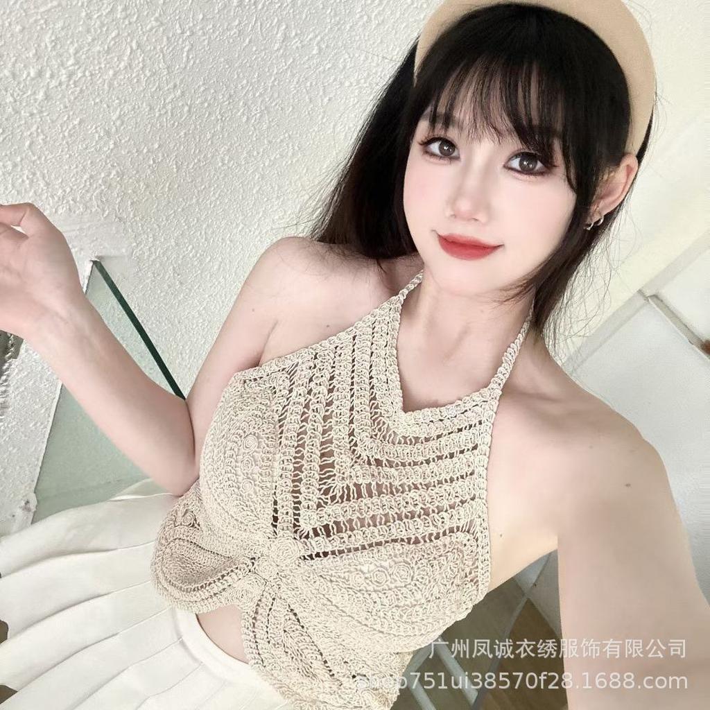 Be careful with the machine versatile vacation women's summer new suspender hollow crochet embroidery short vest women