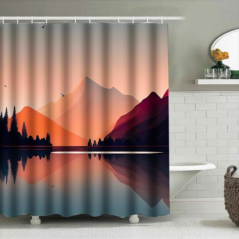 Stunning Mountain Lake Reflections Shower Curtain With Flying Birds Silhouette Pine Trees Decor Water Resistant Easy To Clean