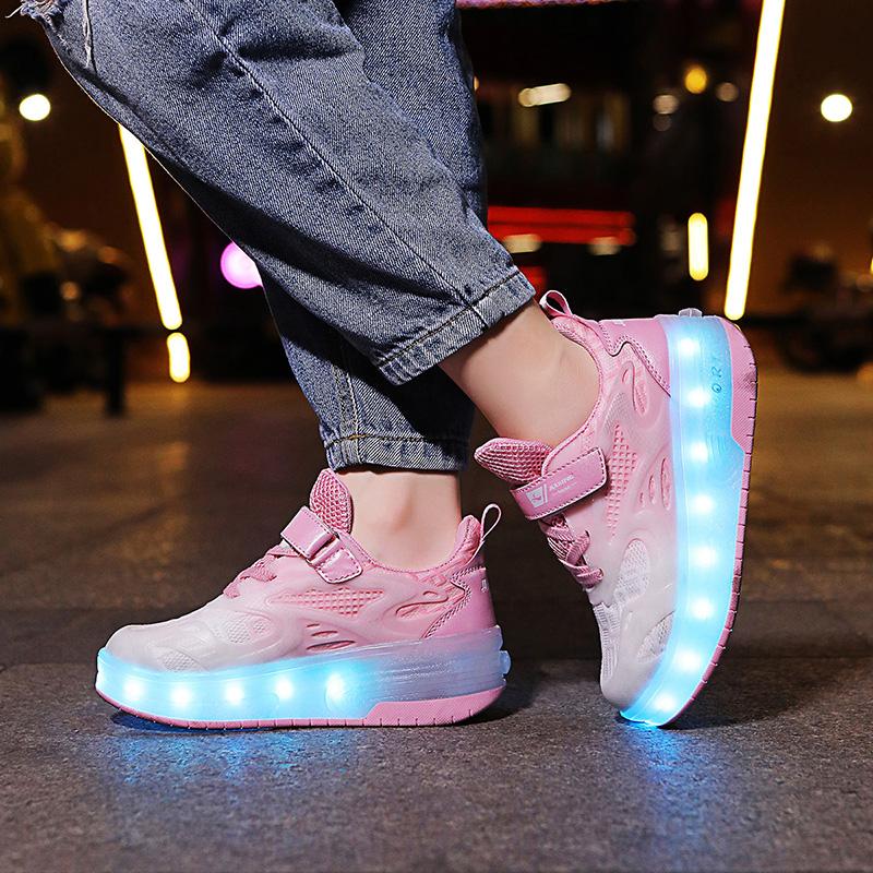 Boys Lights Sports Shoes Rubbing Shoes Charging /Disassembling Tow Wheels Slide Shoes LED Kids Glowing Sneakers