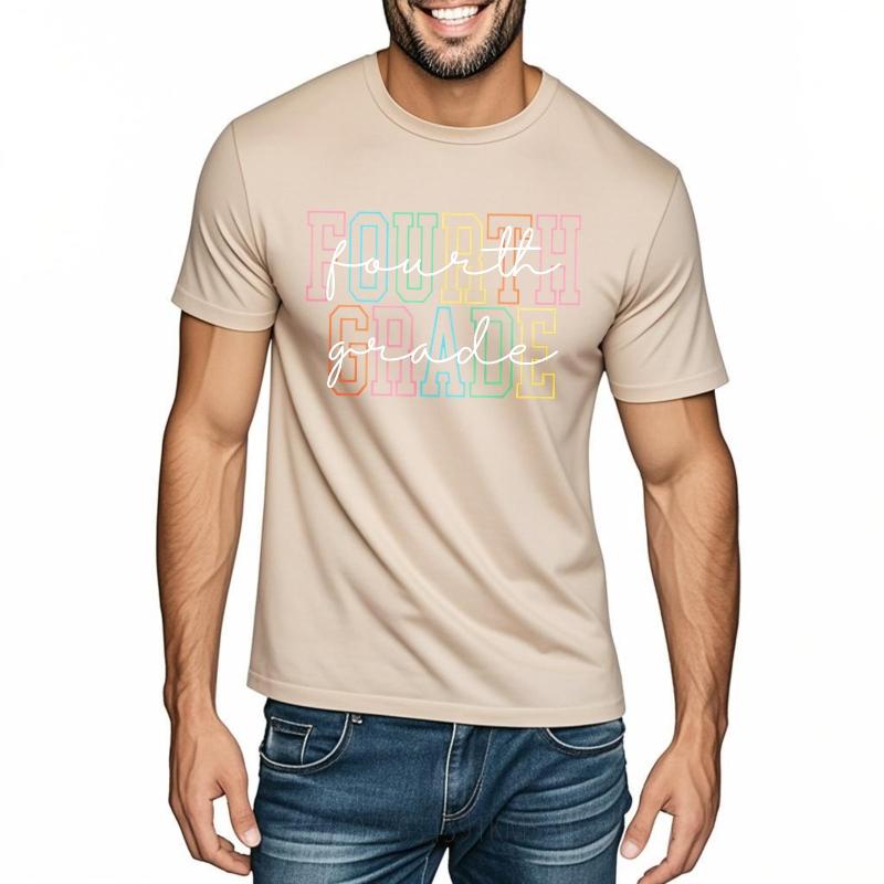 Men Cotton Tshirt Plus Size Summer Unisex T Shirt Fourth Grade Rainbow Outline Text Short Sleeve Printed O Neck Top Tees