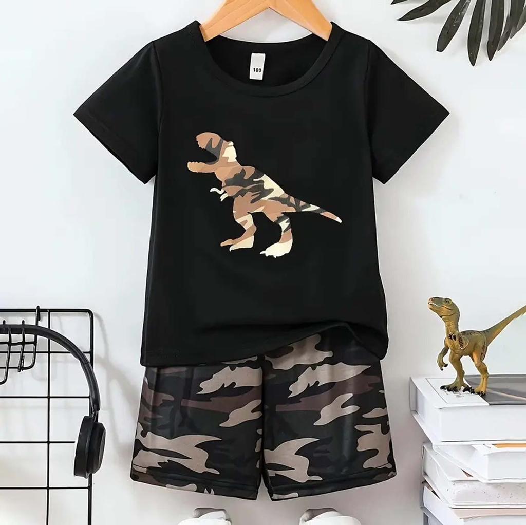 Boys Cartoon Dinosaur Short Sleeve T Shirt and Camouflage Shorts Set Summer Casual Outfit Lightweight Comfortable Fabric