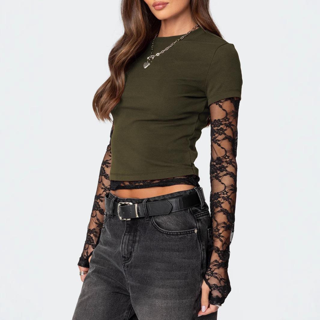 

Lace Patchwork Sleeves Fake Two-piece Long Sleeved Round Neck Women s T-shirts XXL темно-синього кольору