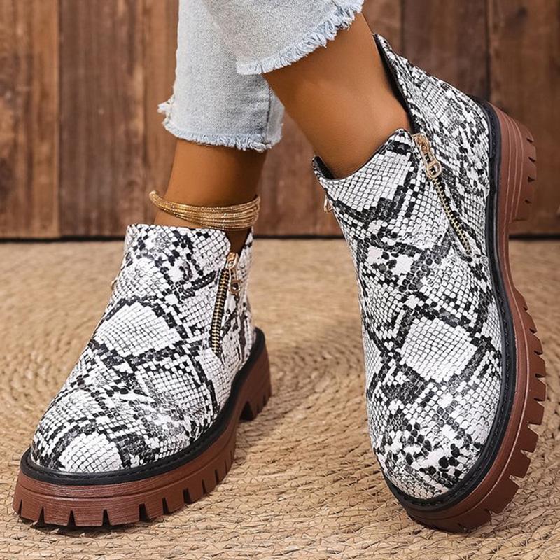 Fashion Fashion Snake Print Ankle Boots Women Spring Autumn Plus Size 36-43 Platform Boots for Woman Zipper Up Round Toe Botas Lady
