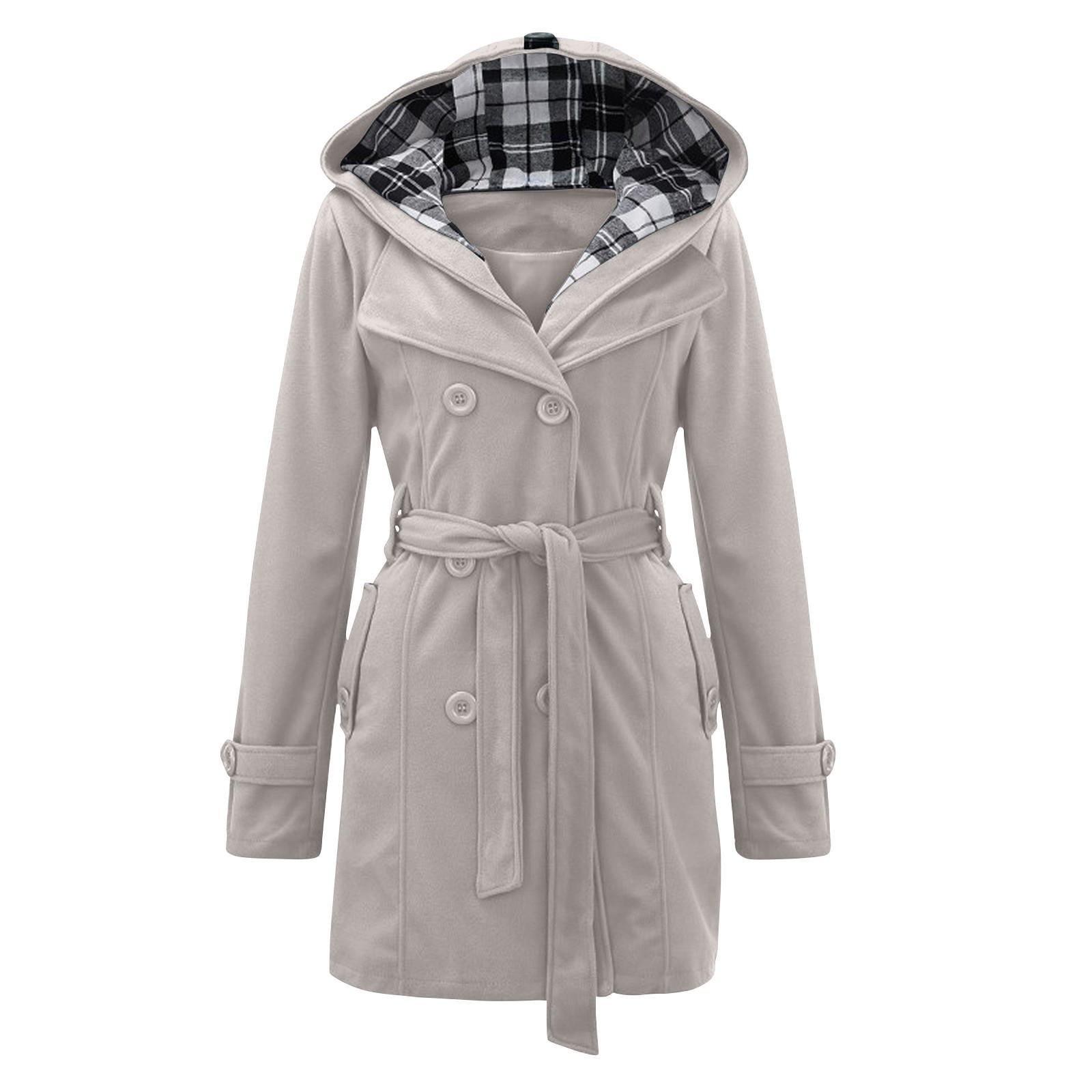 

Женская теплая зимняя двубортная куртка с капюшоном и длинными секциями с поясом M