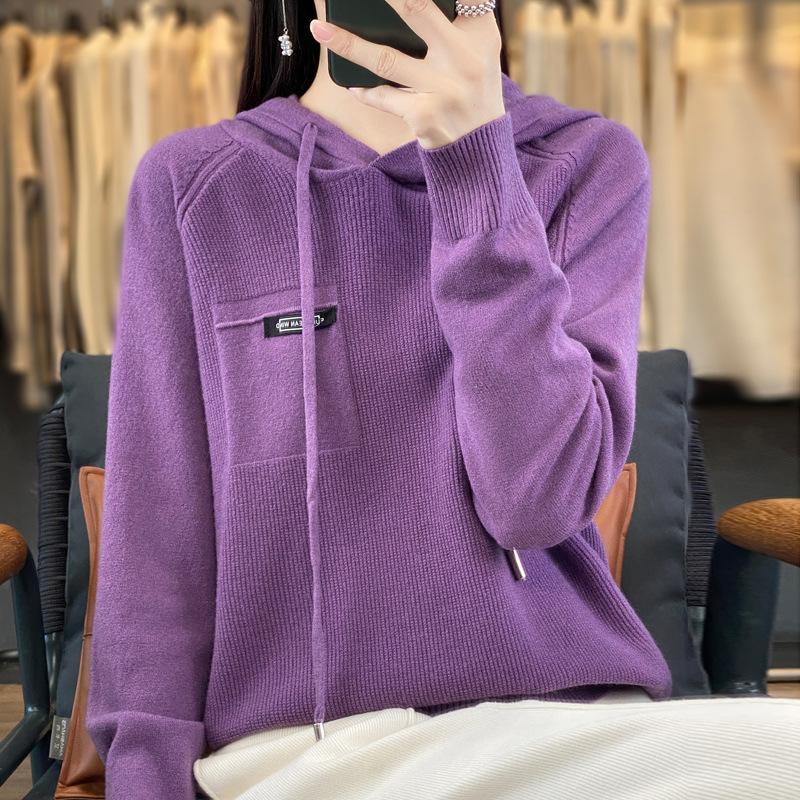 DAFIFY Women's Fashion Casual Fall Winter Solid Color Print Long Sleeve Hooded Sweaters