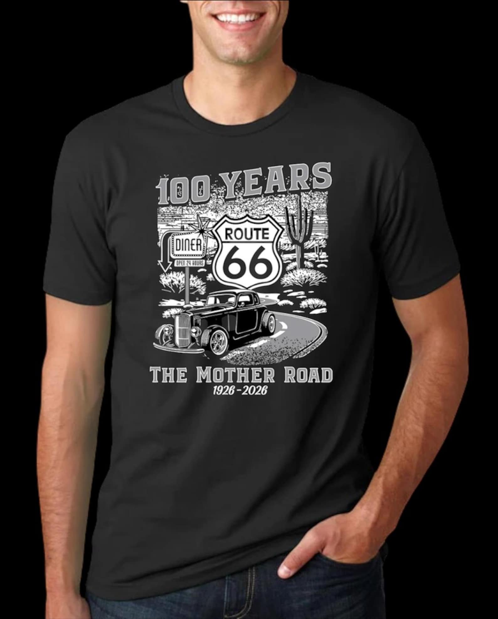 Route 66 100 Years T shirt 1926–2026 Vintage Car Mother Road Retro Graphic Tee XL