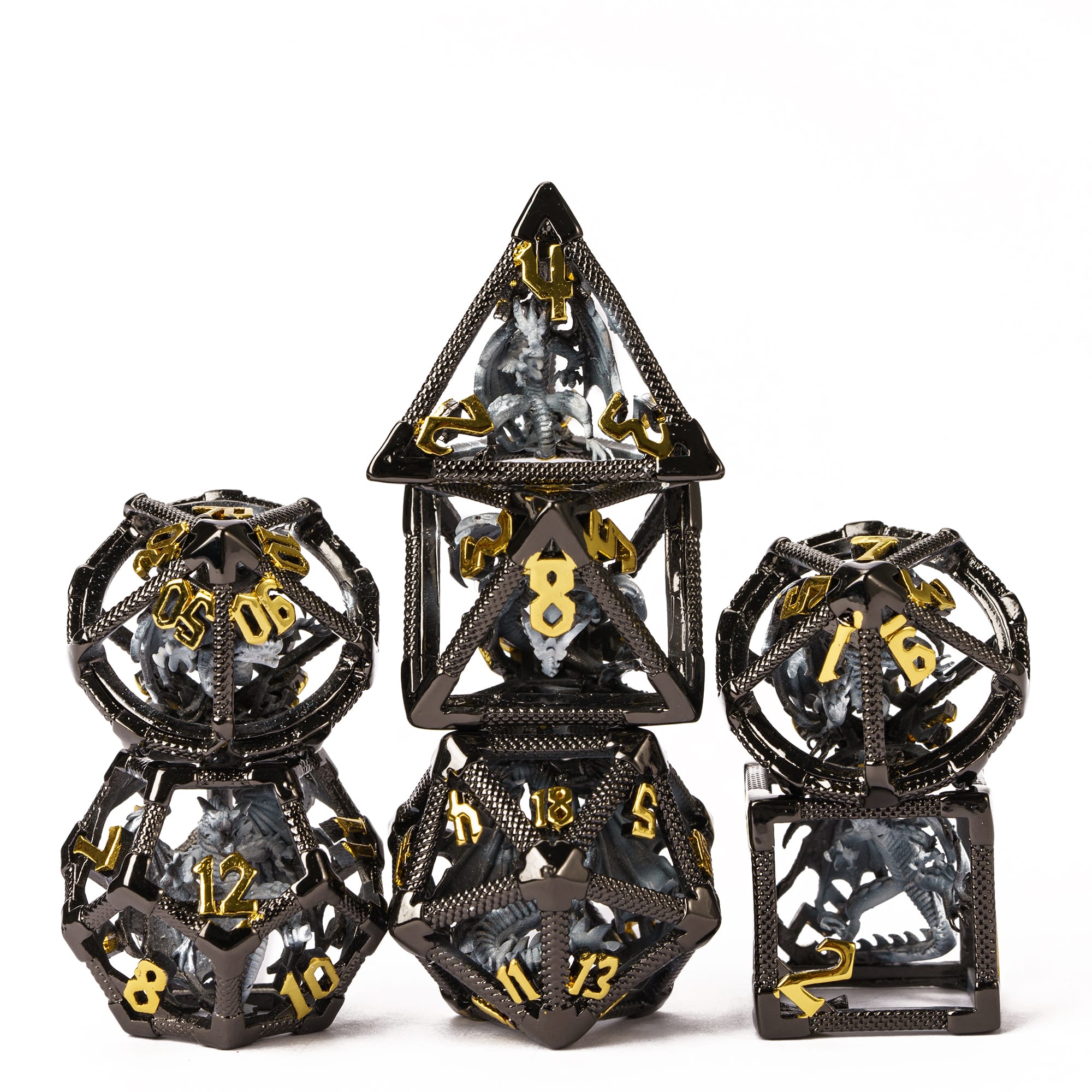 Cusdie Draak Hol Metaal DND Dobbelstenen 7 Stuks D4-D20 Polyhedrale Dobbelstenen Set met IJzeren Doos voor Rolspel Spel Pathfinder Bordspellen