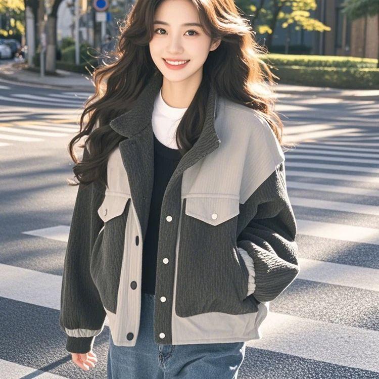 Simple Loose Korean Style Spring Autumn Coat Color Block Design Casual Versatile Outerwear