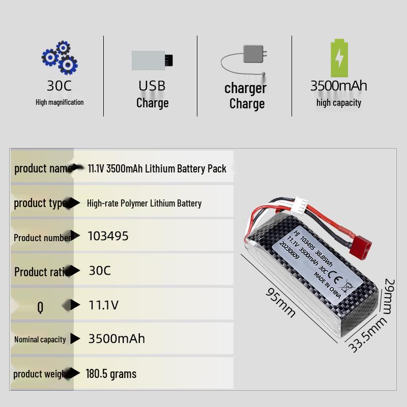 11.1V 3500mAh 30C High Discharge LiPo Battery for Boat, Aircraft, and Car Models (3S)