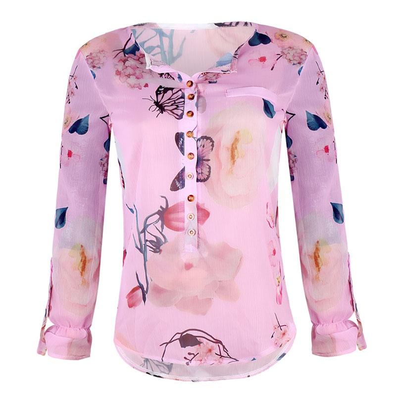 Premium Quality Chiffon Women Casual Floral Printed Buttons T-shirt Irregular Tops Blouse