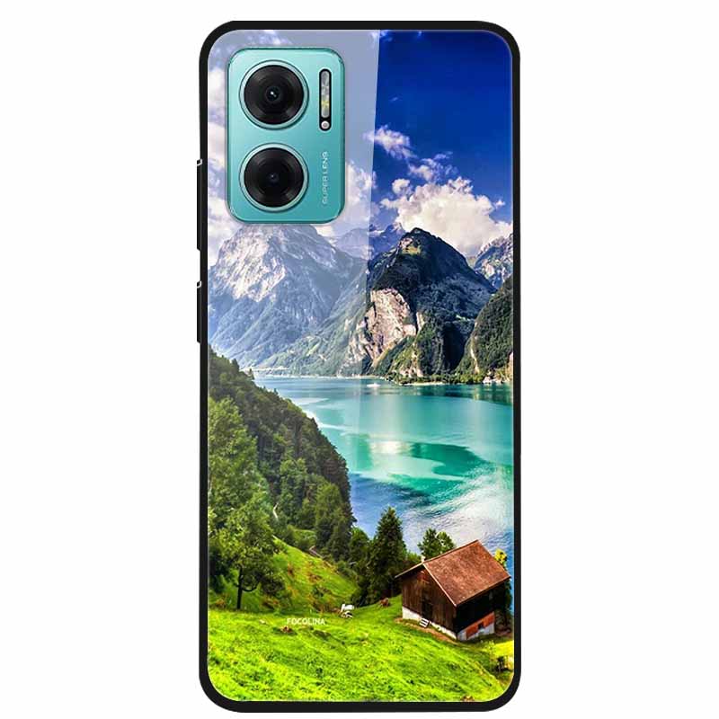 Case For Xiaomi Redmi Note 11E Luxury Tempered Glass Hard Back Cover For Redmi Note 11E Capa Shockproof Flower Funda Wolf Coque
