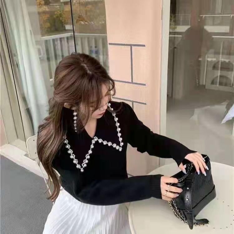 

Пуловер с кукольным воротником и бусинами, свободный вязаный свитер, пуловер на весну и осень, верхняя одежда, корейский свитер с длинными рукавами, женский пуловер One Size чёрный