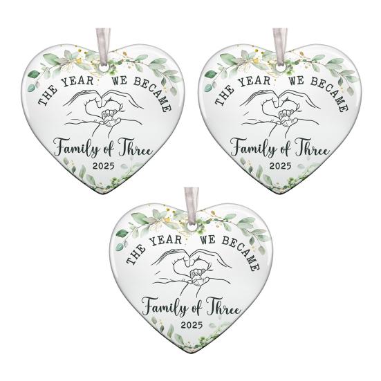 The Year We Become Family of Three Ornament Heart Shaped Baby First Christmas Ornament New Mom And Dad Gifts for Parents