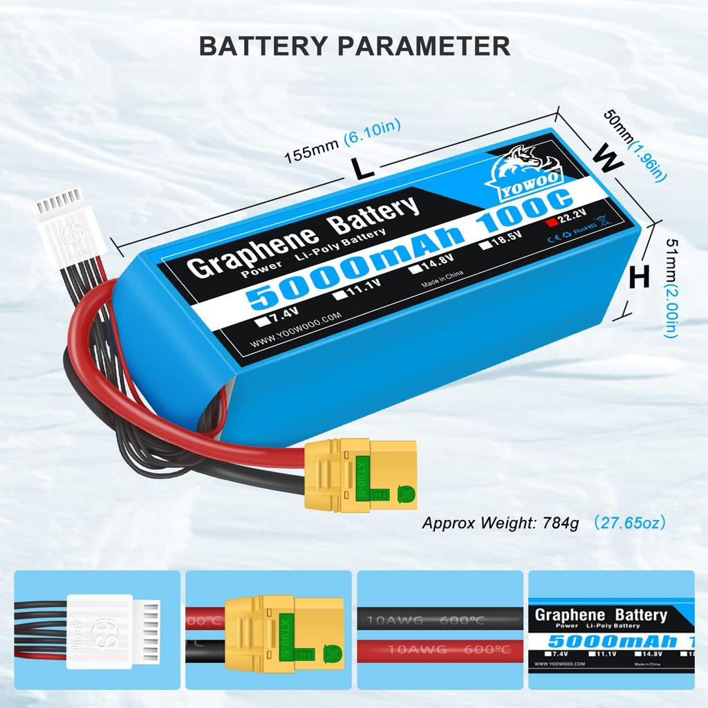 Yowoo RC LiPo 6S 5000mAh 100C 22.2V Graphene Battery with XT90S Plug for RC DJI EDF Airplane Quadcopter Helicopter Car Truck Boat Align 7.2 700L Yak