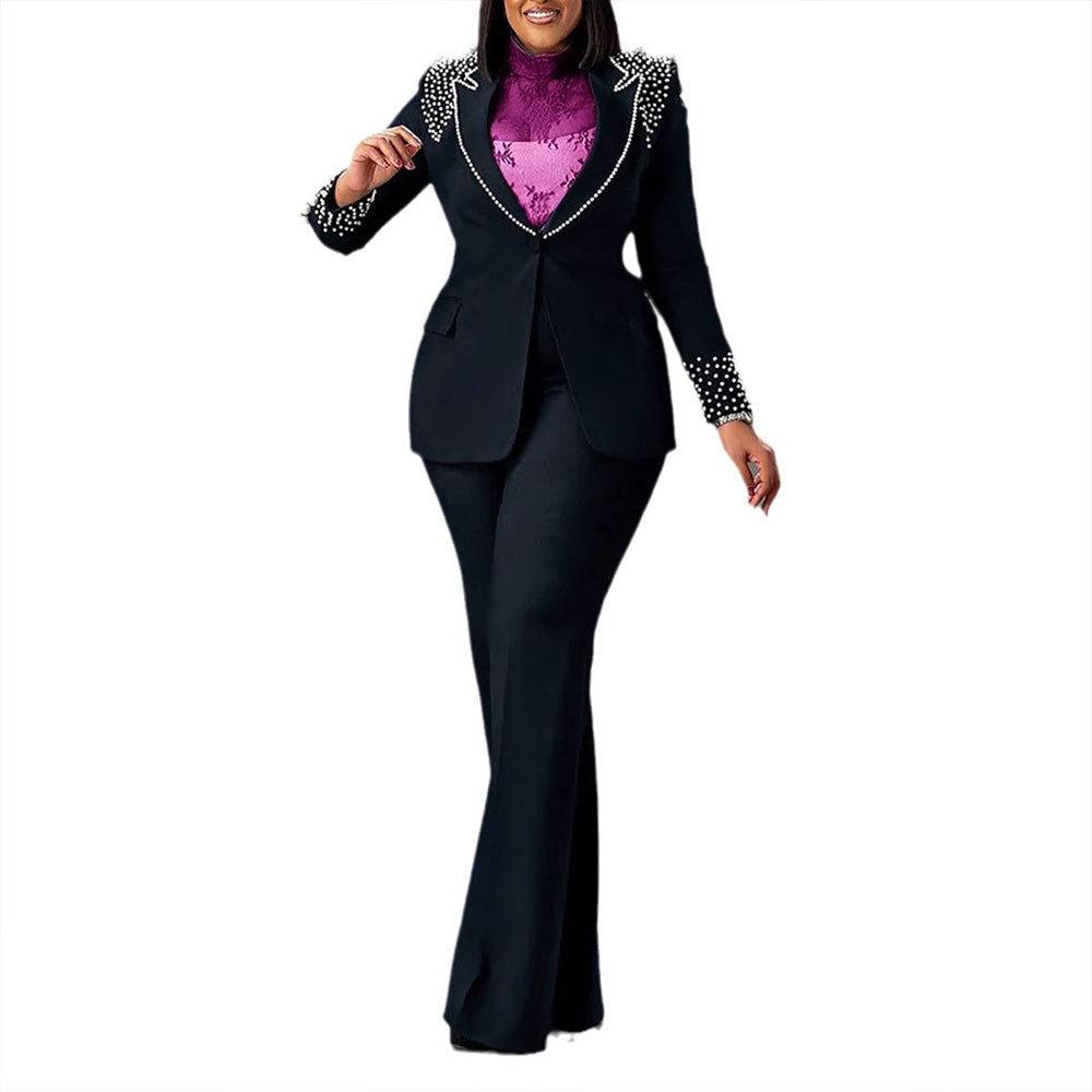 Costum european și american cu perle, slim fit, elastic - Set din două piese, cu mânecă lungă