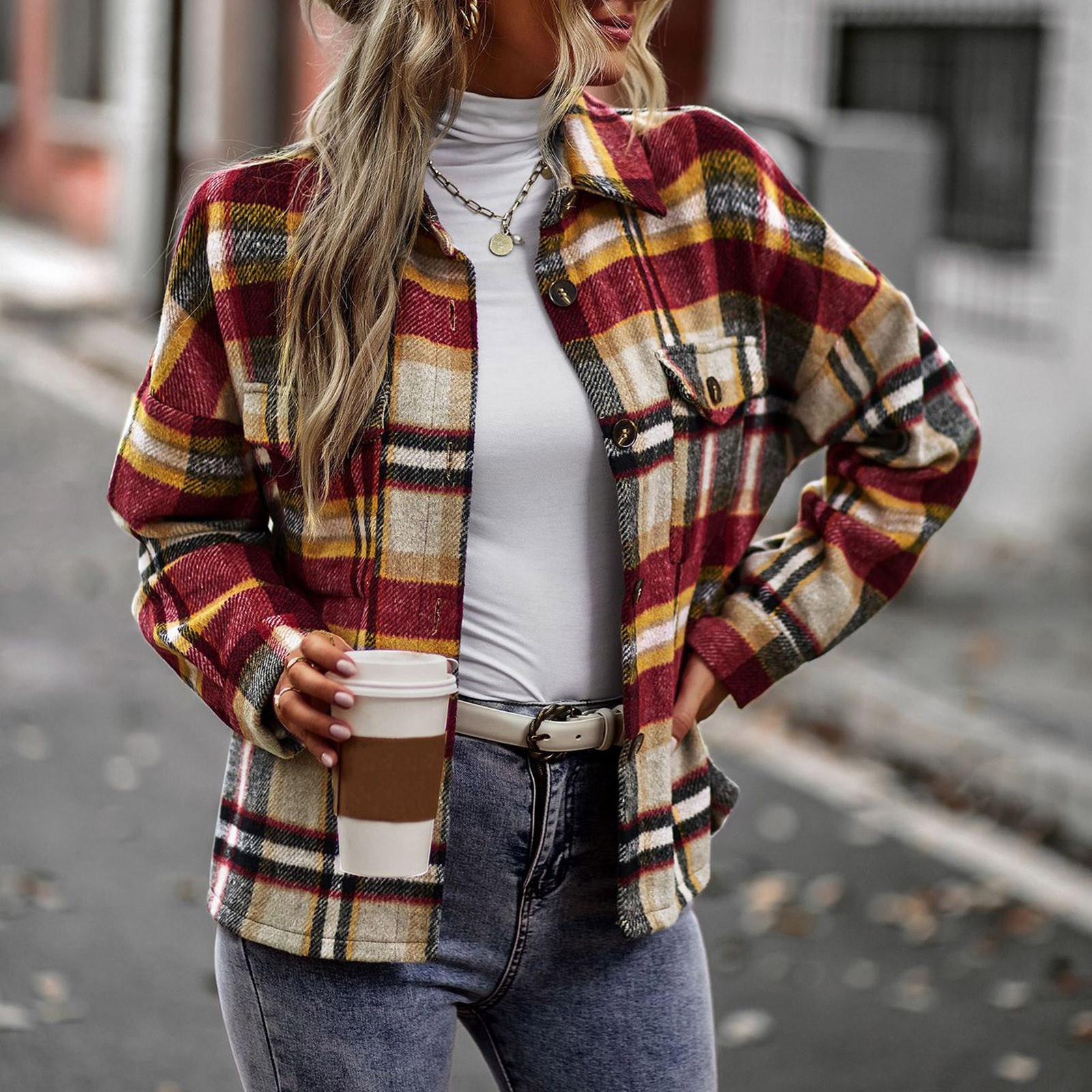 

Жіноча модна вільна повсякденна осінньо-зимова куртка з довгим рукавом у клітку XL червоний