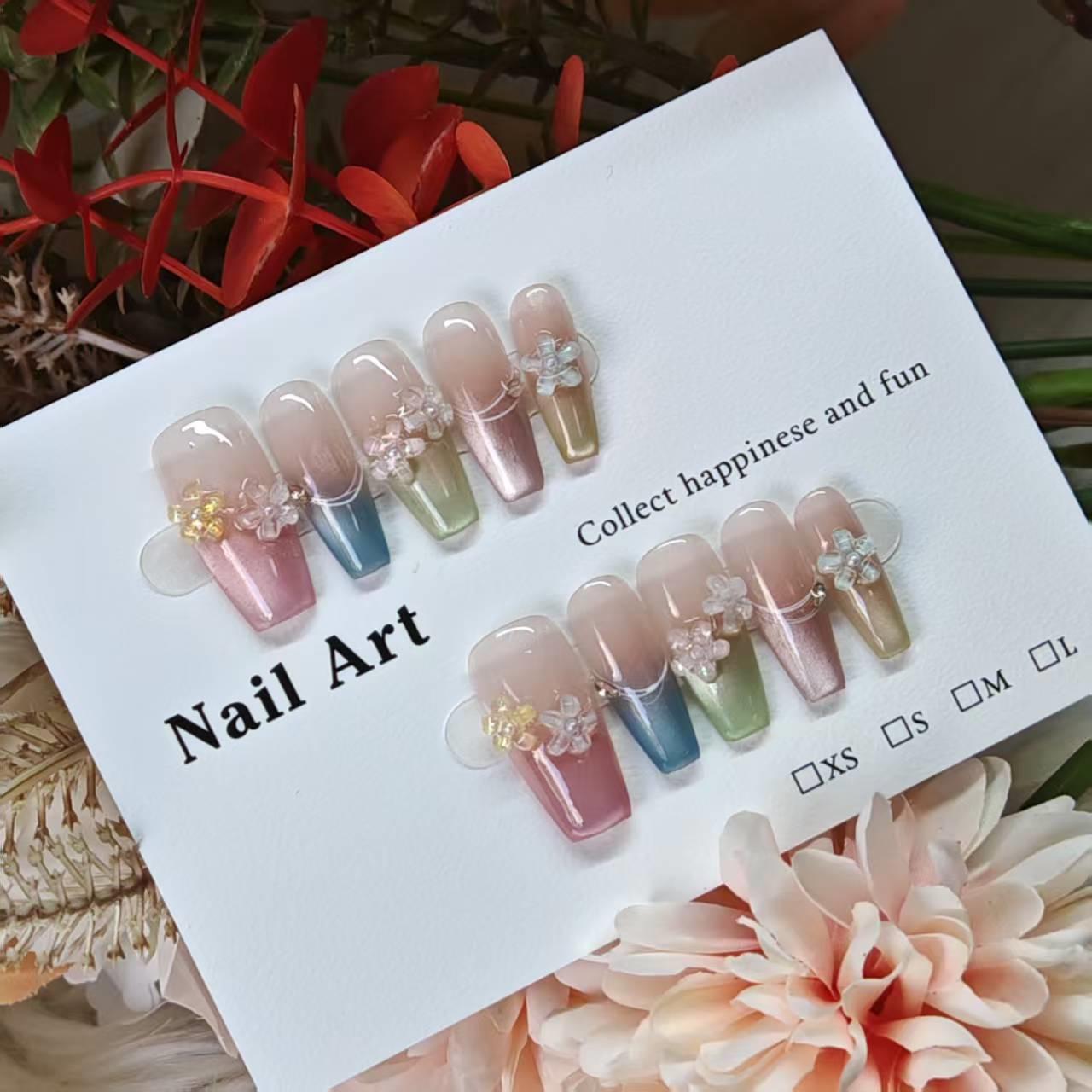 

Huayang Time French Colorful Cat Eye Crystal Flower Nails, Handmade for Fresh Spring/Summer Wear Small (S)