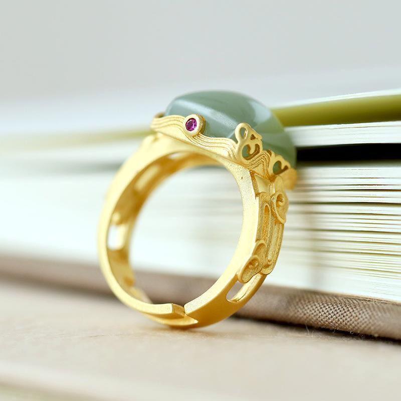 Three-Dimensional Design Natural Hetian Jade Square Open Ring Chinese Style Pattern Craft Light Luxury Women'S  Jewelry