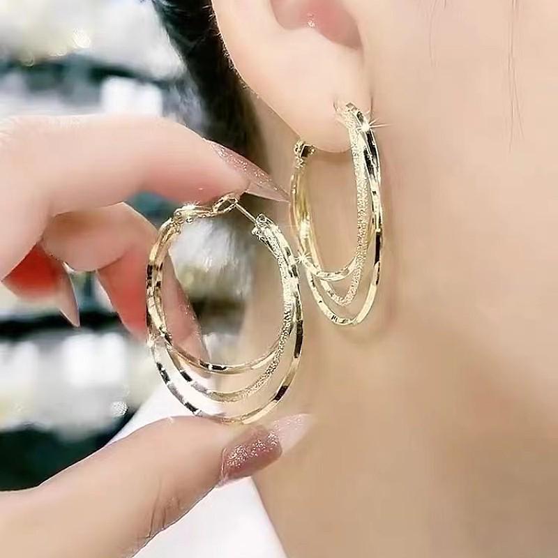

Серьги-кольца из серебряной иглы S925 в корейском стиле - Простой трехслойный металлический дизайн золотой