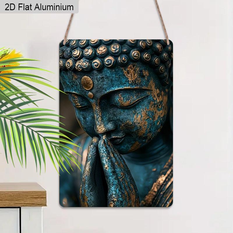 2D Flat, 1pc Vintage Buddha Aluminium Wall Art Sign "Teal Praying Buddha" - 8"x12" Rustic Zen & Spiritual Home Decor, Perfect Gift for Yoga