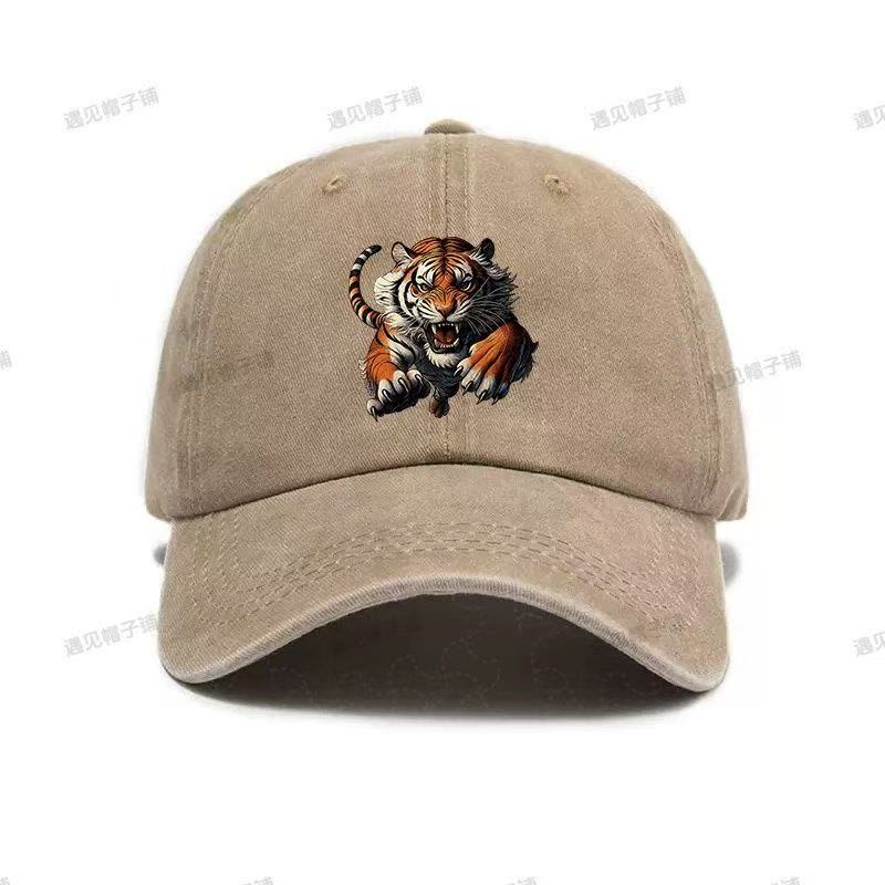 Fierce Tiger Face Graphic Baseball Cap Unisex Distressed Cotton Outdoor Casual Adjustable Hat