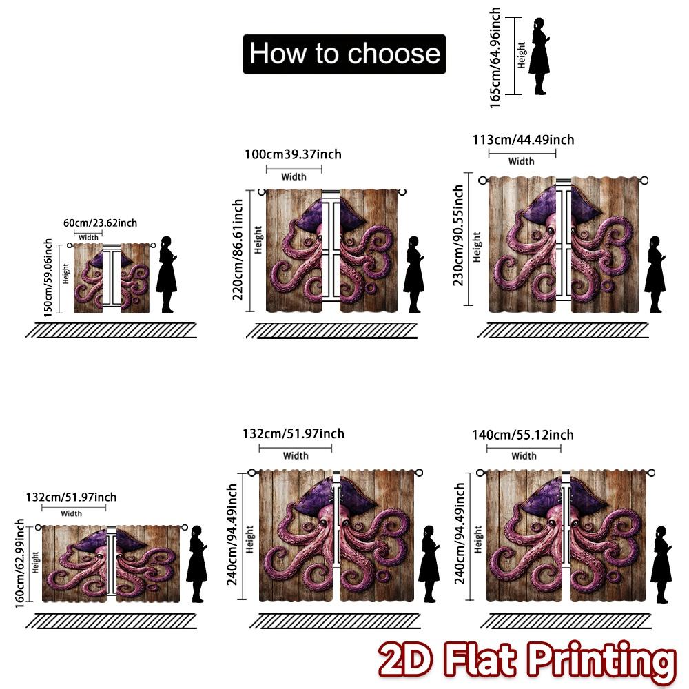 2D FLAT PRINTING 2pcs Curtains (Without Rod) Pirate Octopus On Wood Chic Contemporary Curtains Prints Light Filtering Curtains
