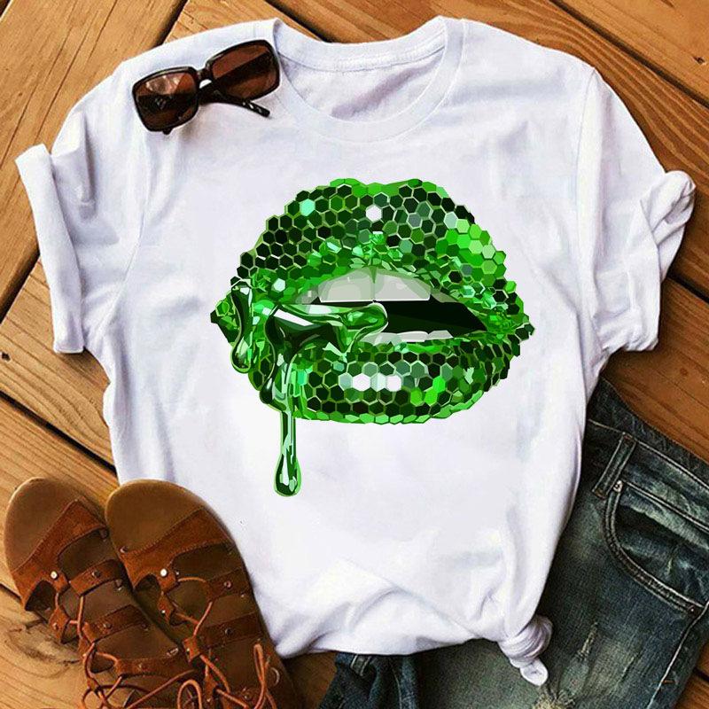 Sequins Shiny Lip Print Women T Shirt Short Sleeve O Neck Loose Women Tshirt Ladies Tee Shirt Tops Clothes Camisetas Mujer