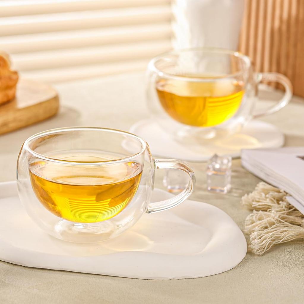 Double Wall Insulated Glass Tea Cups Set of 4, Clear Borosilicate Glass Espresso Shot Cups for Espresso Machine, Glass Teacups Coffee Mugs with