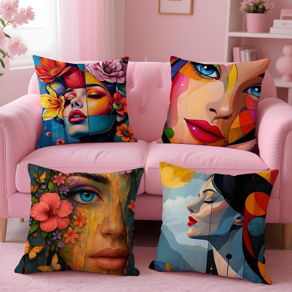 Square Bright Color Flower Girl Cushion Cover Pillow Case Soft Skin Friendly Fabric  Concealed Zipper
