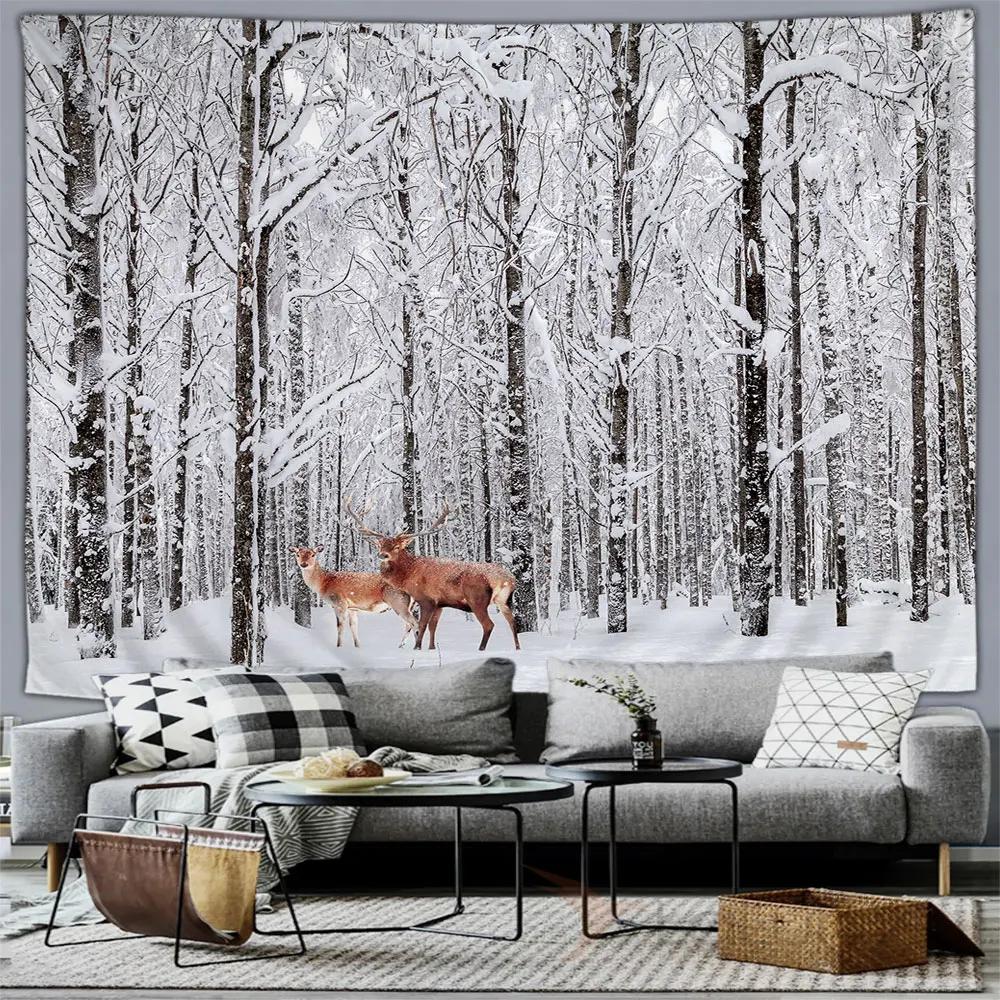 Winter Forest Snow Scene Tapestry Wall Hanging Christmas Tree Happy New Year Bedroom Living Room Home Decoration