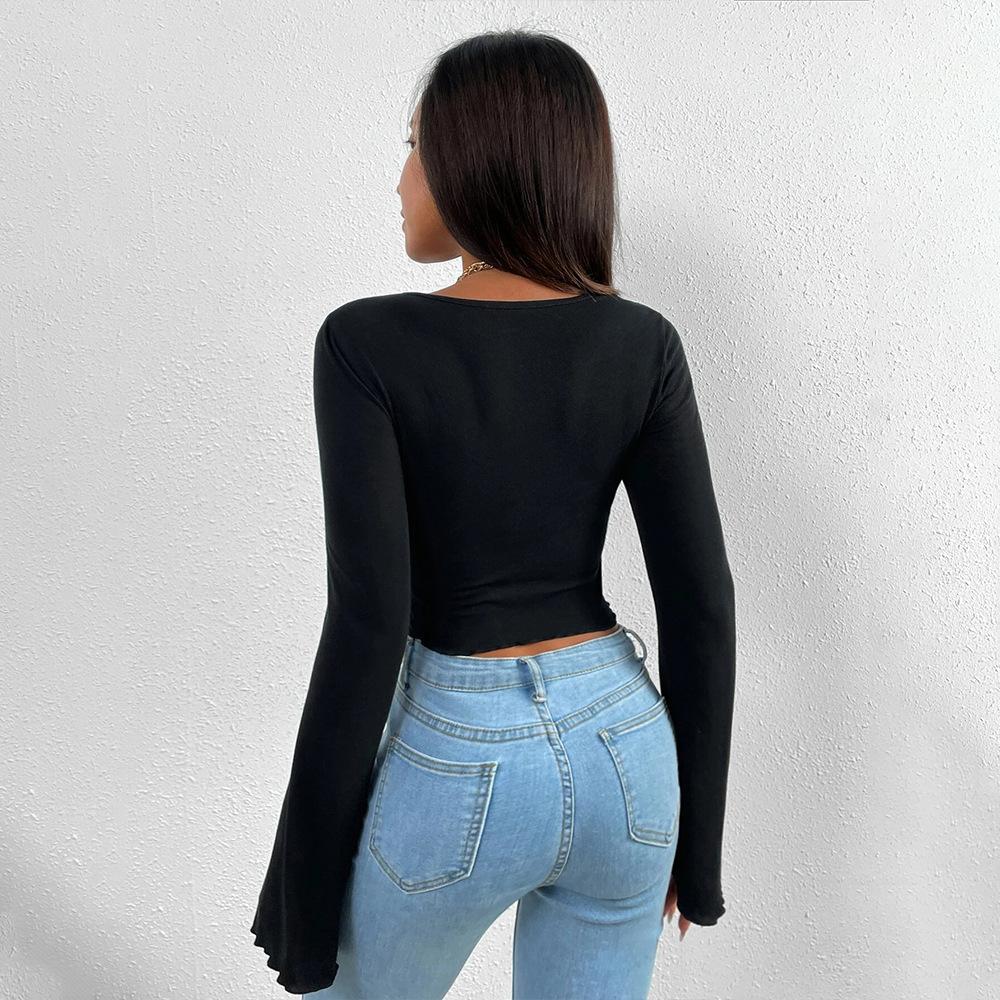 T-shirt Vacation V-neck Flared Sleeve Waisted Irregular Knit Long-sleeved T-shirt Tops