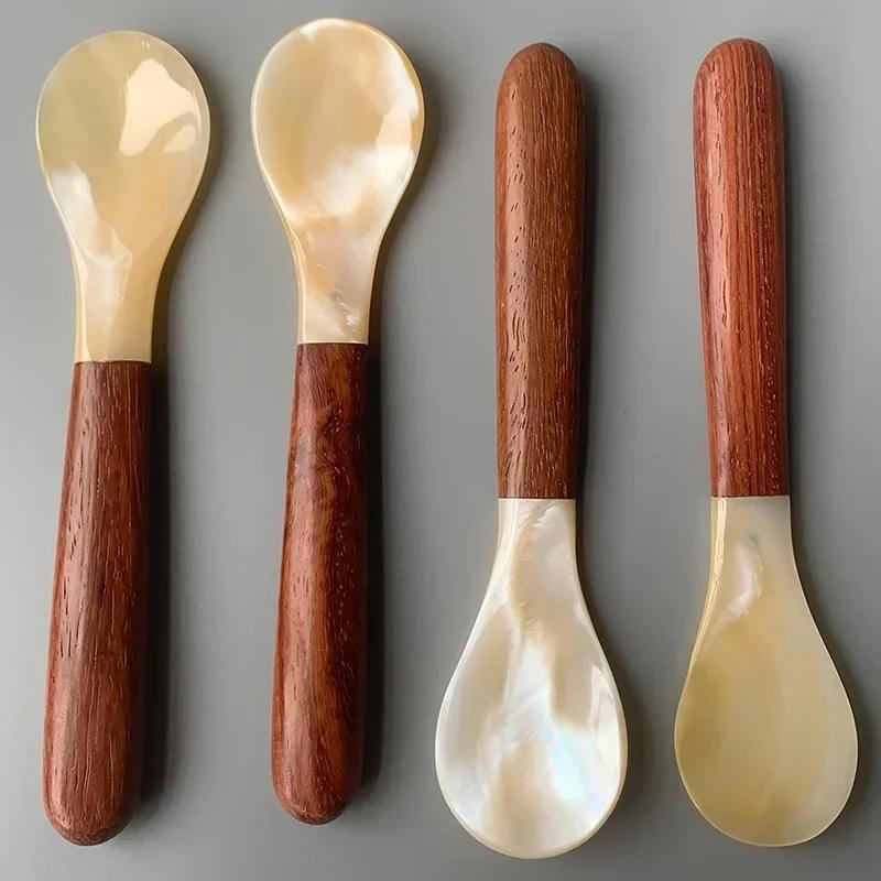 4pcs Natural Shell Spoon Forks Cream Coffee Caviar Spoon Mother of Pearl Seashells Stirring Spoons Teaspoon Crafts Kitchen Tool