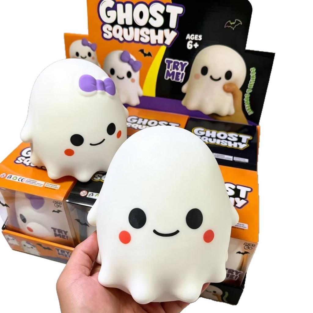 Large Halloween-Themed Rubber Squishy Ghost & Pumpkin Head Stress-Relief Toy