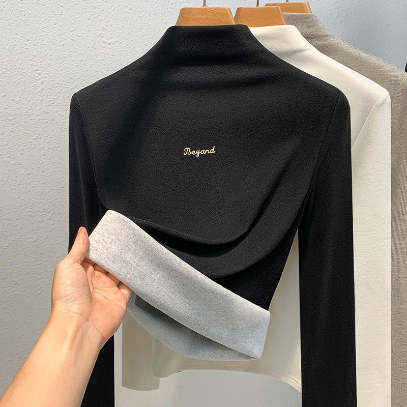 Damen Rollkragen-Basisshirt aus deutschem Samt Neu Damen einfarbig Buchstaben Langarm-T-Shirt Thermisches Unterhemd Taillen-Top