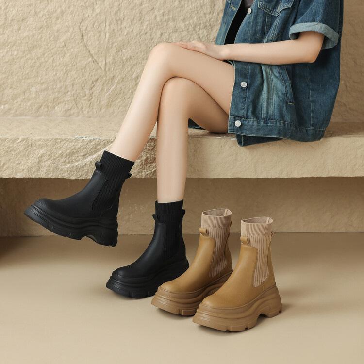 Knitted socks and boots 2025 autumn and winter new heightened thick-soled flying-knitted Martin boots women's muffin bottom elastic thin boots short